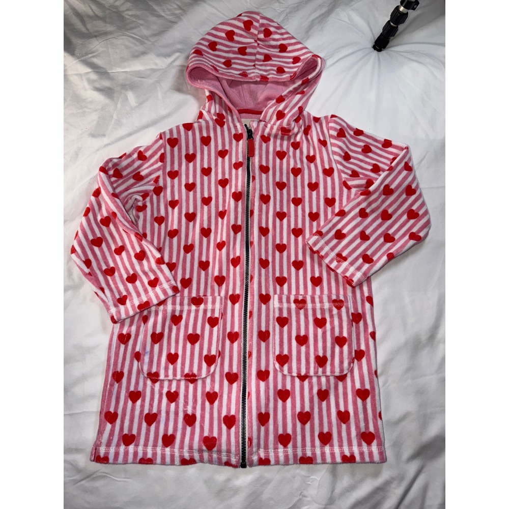 Mini Boden Girls Pink White Heart Stripe Toweling Hooded Robe Cover Up 7-8Y